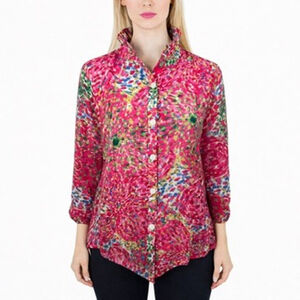 TRISHA TYLER Watercolor Pink Floral Short Wire Collar Jacket Button Shirt Size M